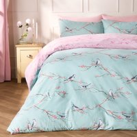 Blossom Bird Reversible Duvet Cover Pillowcase Bedding Set Duck Egg Double