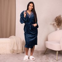 OHS Flannel Fleece Hooded Dressing Gown Sherpa Bathrobe in Midnight
