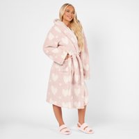 Heart Dressing Gown Soft Teddy Marl Fleece Hooded Robe Light