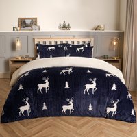 OHS Stag Duvet Cover Pillowcase Bedding Set Soft Ribbed Fleece Quilt in Dark Navy | Size: Double