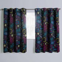 OHS Gaming Eyelet Curtains Pair of Blackout Woven Ring Top Panels Ready Made Kids in Black | Size: 117 cm width x 137 cm drop