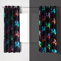 OHS Glow-in-the-Dark Kids Gaming Print Curtains in Black | Size: 117 cm width x 137 cm drop