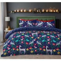Velosso Robin Scandi Cotton Rich Printed Duvet Cover & Pillowcase Set in Navy | Size: Double