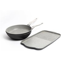 MasterClass 3pc Non-Stick Cast Aluminium Cookware Set with Wok 28cm, Non-Stick Frying Pan 28cm & Dual Griddle Tray 46cm in Black