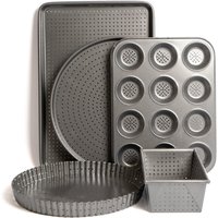 MasterClass 5pc Crusty Bake Non-Stick Bakeware Set with Quiche Tin, Pizza Crisper, 2lb Loaf Pan, Baking Tray & 12-Hole Pan in Grey