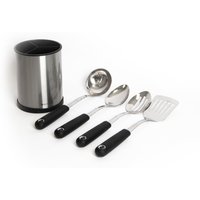 MasterClass 5pc Stainless Steel Utensil Set with Cooking Spoon, Slotted Spoon, Slotted Turner, Ladle & Utensil Holder in Metallics