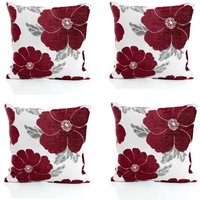 Poppy Chenille Cushions Set 4 Luxurious Floral Design Thick Jacquard Fabric Easy Care Wide Zip cm x 45 cm