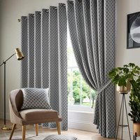 Luxury Living Two-Tone Jacquard Geometric Eyelet Lined Curtains in Grey | Size: 117 cm width x 183 cm drop