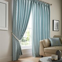 Luxury Living Modern Geometric Two-Tone Jacquard Lined Pencil Pleat Taped Curtains in Teal | Size: 117 cm width x 183 cm drop