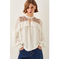 Debbie Embellished Polka Dot Ruffle Blouse