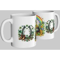 Simply Stunning Mugs Irish Luck Ceramic Mug - St. Patrick's Day Leprechaun & Horseshoe in White