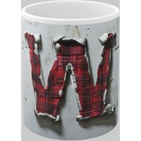 Personalised Letter W & Name Mug Textured Red Plaid 3D Design