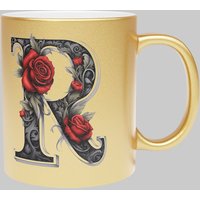 Personalised Handcrafted Gothic Letter R & Name Metallic Mug