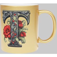 Personalised Handcrafted Gothic Letter T & Name Metallic Mug