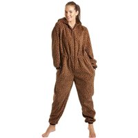 Camille Women's Luxury All In One Animal Print Hooded Fleece Onesie in Brown | Size: 22-24