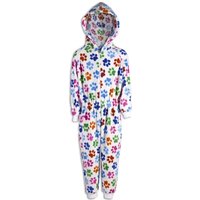Camille Multicoloured Supersoft Paw Print Hooded All In One Onesie in White | Size: 12-14 Years