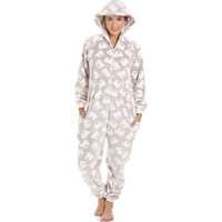 Camille Women's Supersoft Cuddle Fleece Bear Print Hooded Onesie in Beige | Size: 22-24