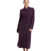 Camille Women's Classic Soft Fleece Jacquard Floral Button Up Housecoat in Purple | Size: 12-14