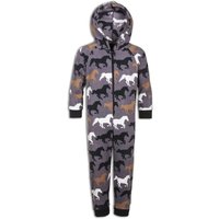 Camille Girl's Supersoft Multicoloured Horse Print Hooded All In One Onesie in Dark Grey | Size: 9-11 Years