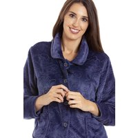 Camille Women's Button Up Rose Embossed Bed Jacket in Navy | Size: 18-20
