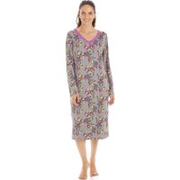 Camille Women's Floral Print Spandex Knee Length Long Sleeve Nightdress in Grey | Size: 10-12