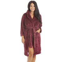 Camille Women's Supersoft Fluffy Fleece Hooded Bathrobe in Burgundy | Size: 12-14