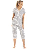 Camille Women's Lightweight Floral Capri Pyjama Set in Light Grey | Size: 10-12