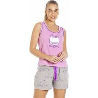 Camille Women's Cat Motif Short Cotton Pyjama Set in Lilac | Size: 12-14