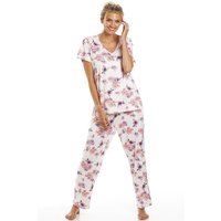 Camille Women's Lightweight Floral Print Pyjama Set in Cream | Size: 14-16