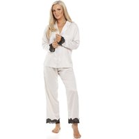 Camille Women's Luxury Antique Satin Full Length Pyjama Set in Cream | Size: 18-20