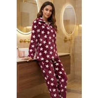 Camille Women's White Star Print Pyjama Set in Burgundy | Size: 10-12