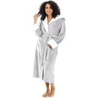Camille Women's Deep Pile Full Length Fleece Bathrobe with Sherpa Lined Hood & Cuffs in Grey | Size: 18-20