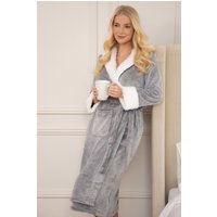 Camille Women's Deep Pile Full Length Fleece Bathrobe with Sherpa Lined Hood & Cuffs in Dark Grey | Size: 14-16