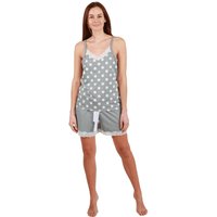 Camille Women's Lightweight 100% Cotton Spot Printed Sleeveless Top Pyjama Set With Lace Detailing in Grey | Size: 8-10