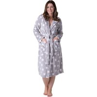 Camille Women's Supersoft Fleece Hooded Calf Length Bathrobe in Light Grey | Size: 18-20