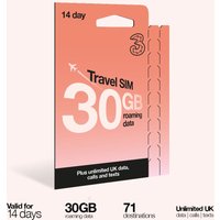 Three 14 Day Travel Sim, Unlimited Voice with 30GB Data Roaming in Red