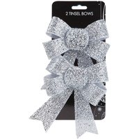 VFM e-Store Tinsel Bows Christmas Decoration X 2 13cm x 17cm x 4. 5cm Silver | Size: 13 cm x 17 cm