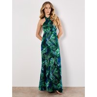 Apricot Women's Tropical Leaf Satin Maxi Dress in Navy | Size: 16