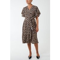 Blue Vanilla Women's Leopard Print Ruffle Wrap Midi Dress in Brown | Size: 10