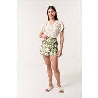 Blue Vanilla Women's Khaki Geometric Print Wrap Belted Shorts | Size: Small