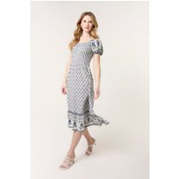 Border Print Puff Sleeve Midi Dress