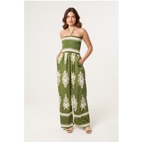 Khaki Halter Neck Shirred Waist Jumpsuit