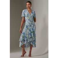 Jolie Moi Women's Mesh Print Frill Hem Midaxi Dress in Light Blue | Size: 10