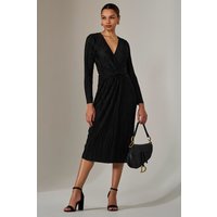 Jolie Moi Women's Plisse Long Sleeve Midi Dress in Black | Size: 12