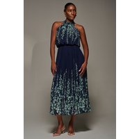 Jolie Moi Women's Mirrored Chiffon Pleated Halter Neck Max in Navy | Size: 16