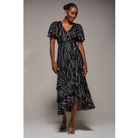 Jolie Moi Women's Angel Sleeve Ruffle Hem Mesh Midaxi Dress in Black | Size: 14