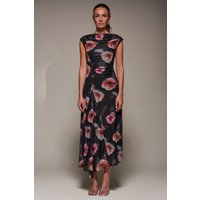 Jolie Moi Women's Slash Neck Ruched Mesh Maxi Dress in Black | Size: 16