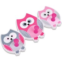 3 Owl Hooks on Wall Mounted Wooden Backing Plate Pink Grey & Pink