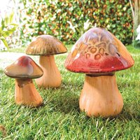 3 x Decorative Toadstool Ornaments Indoor Outdoor Hand Finished Ceramic Glazed Mushroom Decorations One Each H16 14 & 10cm
