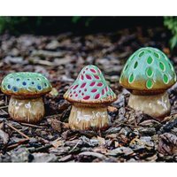 3 x Light Up Solar Powered Ceramic Glaze Toadstool Ornaments Weather Resistant Garden Decorations H9 14cm